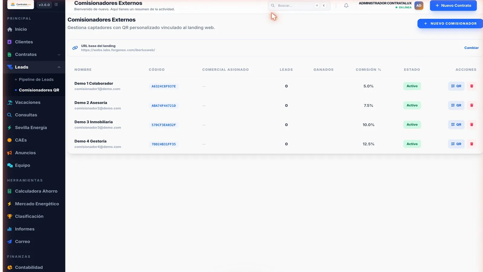Captura de gestión de captadores y colaboradores con QR en ContrataLux