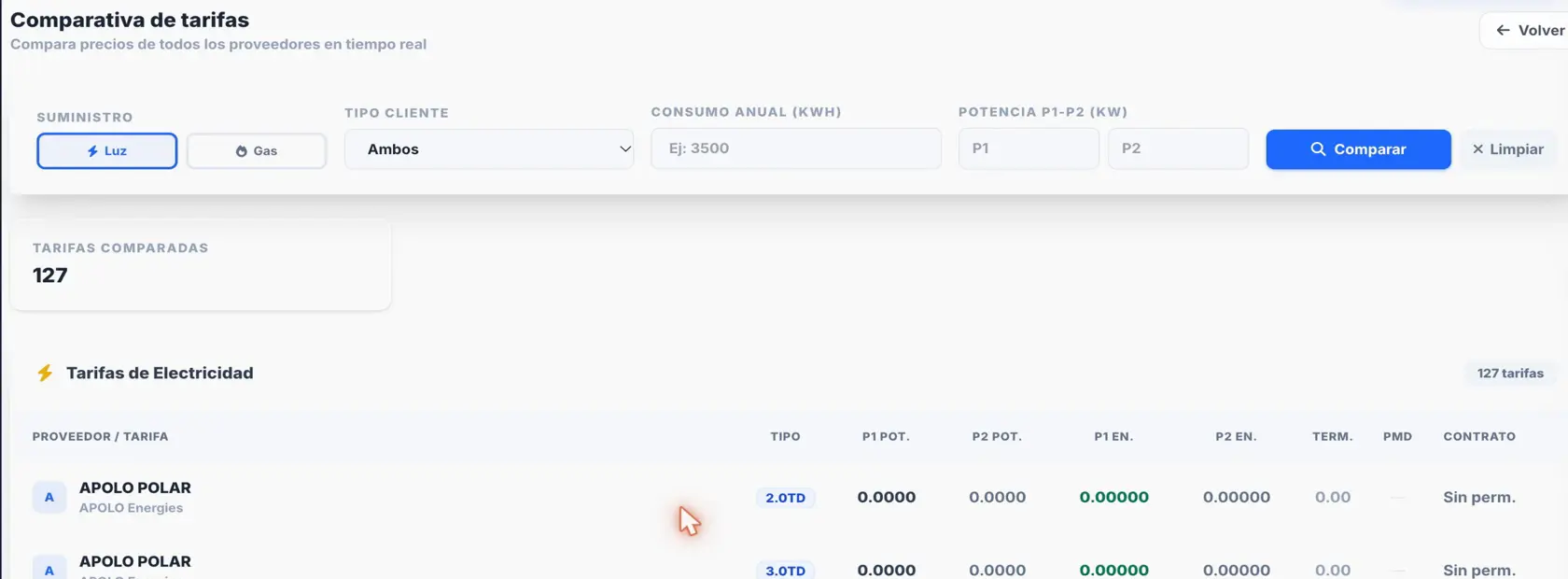 Comparativa de tarifas de ContrataLux con filtros por suministro, tipo de cliente, consumo y potencias
