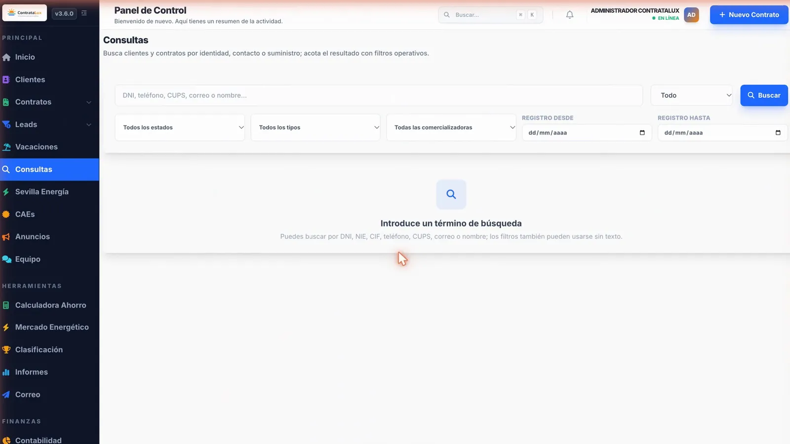 Captura de control de cobros de suministros gestionados en ContrataLux