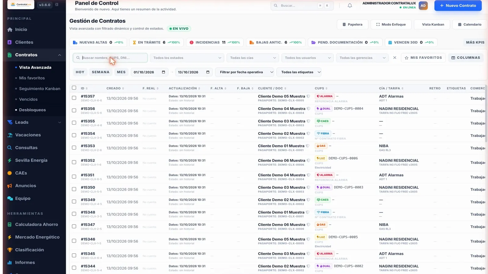 Captura de contratos en vivo en ContrataLux