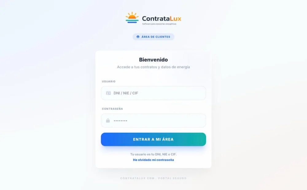 Acceso al área de clientes de ContrataLux con usuario (DNI, NIE o CIF) y contraseña